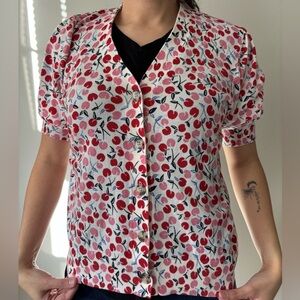 LOFT White Red Cherry print Romantic Valentine Day button up Cotton blouse Small